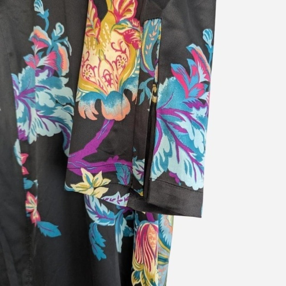 Natori Festival Satin Zip Caftan Black Floral 3/4 Sleeve Maxi Size Small - Picture 7 of 10